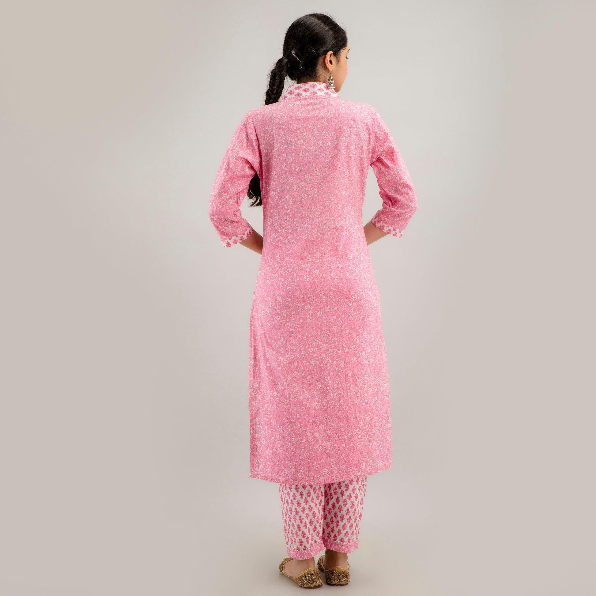 Pink Floral Print with Yoke Design Straight Kurta with Trousers & Dupatta - Frionkandy