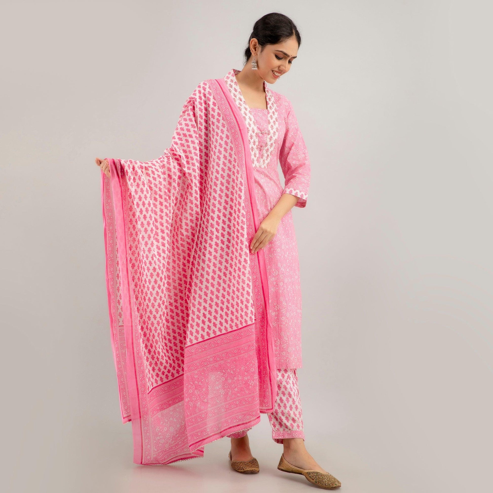 Pink Floral Print with Yoke Design Straight Kurta with Trousers & Dupatta - Frionkandy