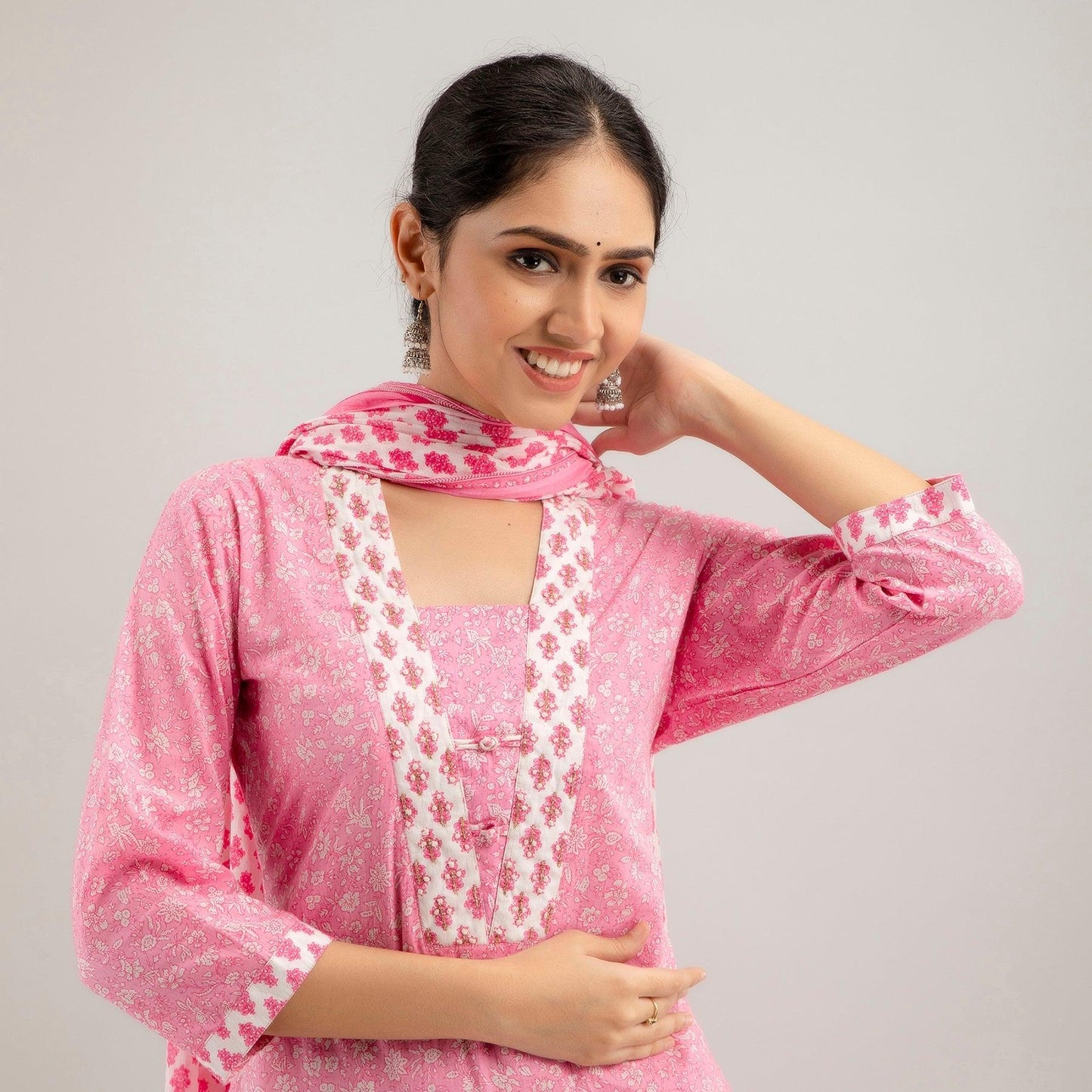 Pink Floral Print with Yoke Design Straight Kurta with Trousers & Dupatta - Frionkandy