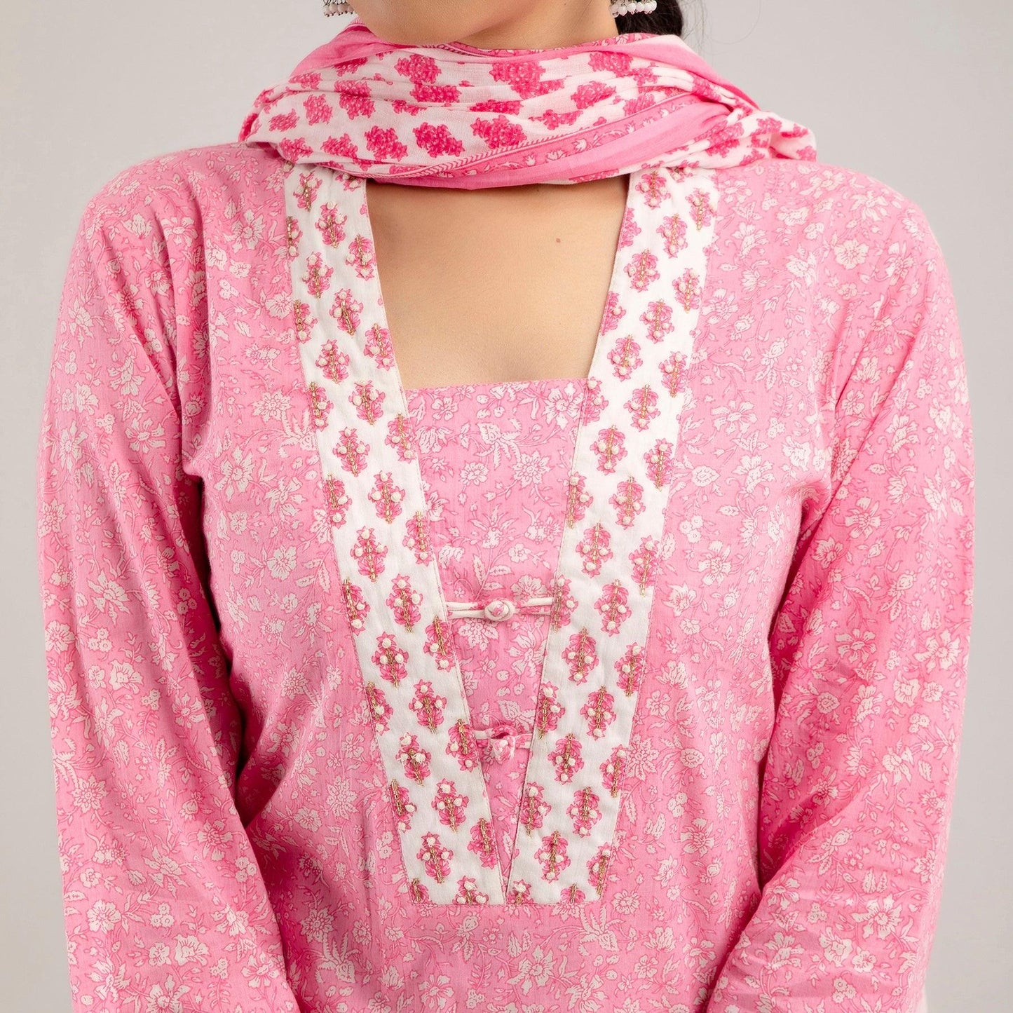 Pink Floral Print with Yoke Design Straight Kurta with Trousers & Dupatta - Frionkandy