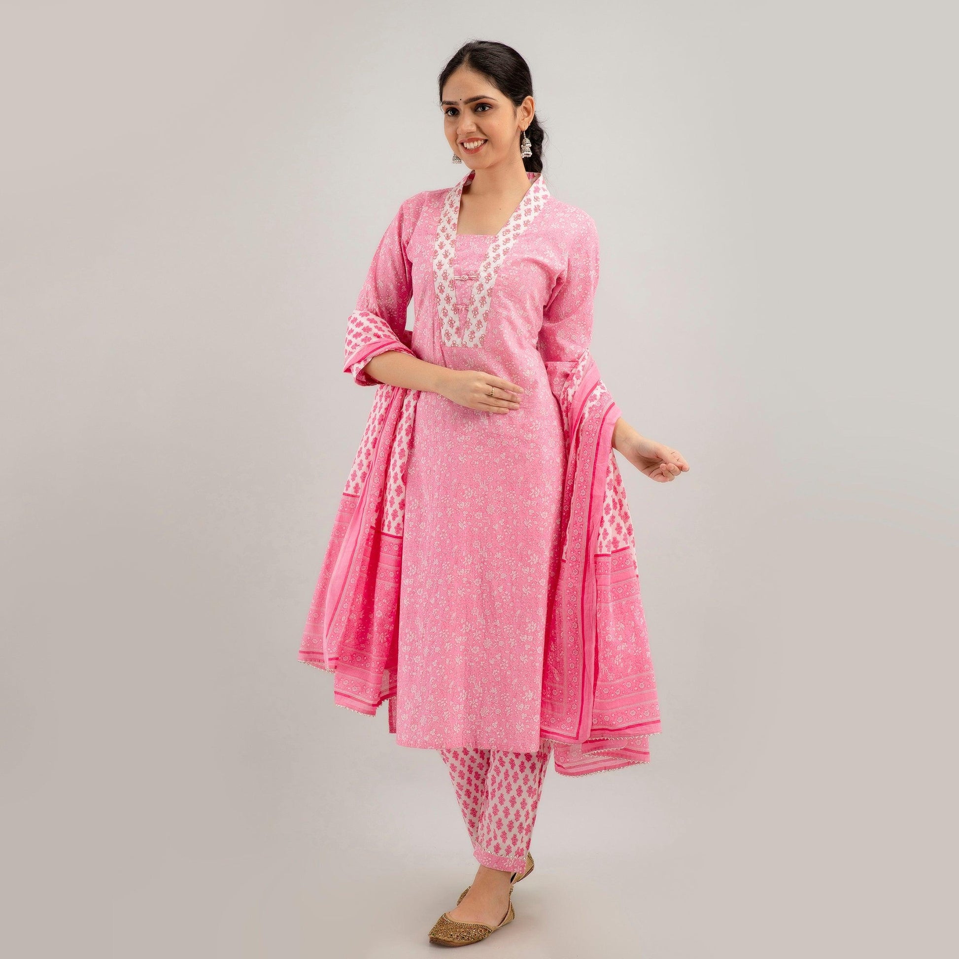 Pink Floral Print with Yoke Design Straight Kurta with Trousers & Dupatta - Frionkandy