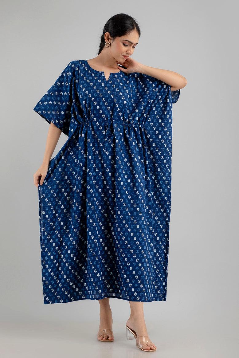 Blue Floral Print Pure Cotton Kaftan Maxi Ethnic Dress - SHKUP1242 - Frionkandy