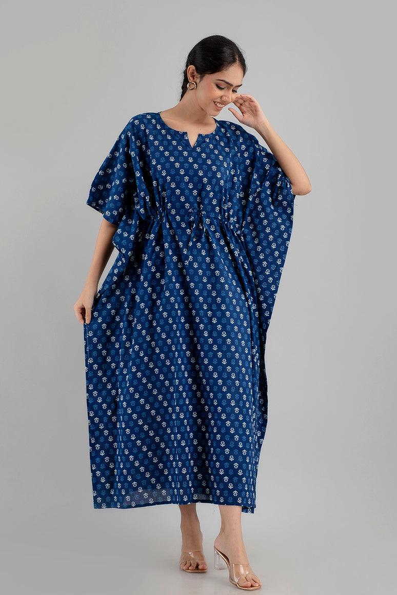 Blue Floral Print Pure Cotton Kaftan Maxi Ethnic Dress - SHKUP1242 - Frionkandy