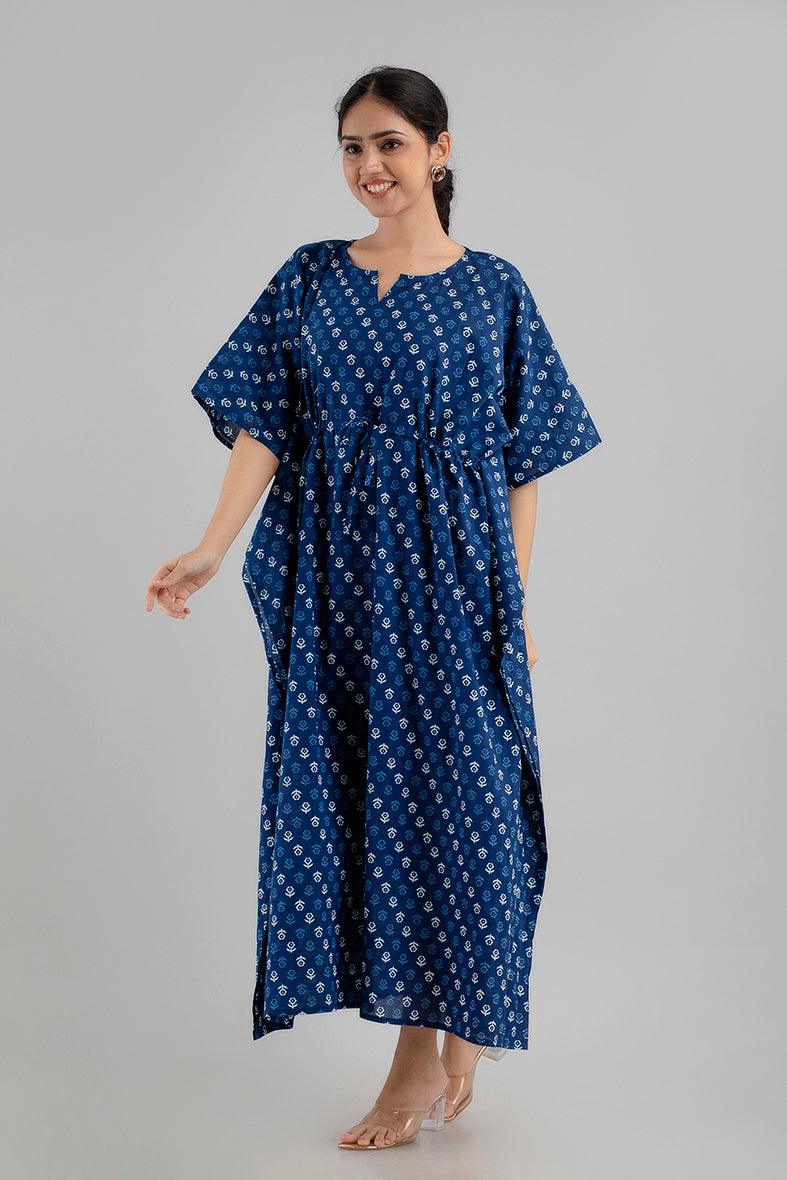 Blue Floral Print Pure Cotton Kaftan Maxi Ethnic Dress - SHKUP1242 - Frionkandy