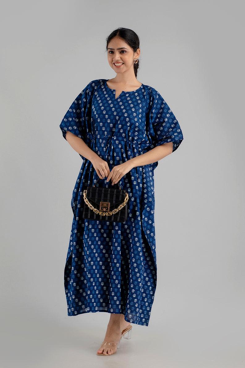 Blue Floral Print Pure Cotton Kaftan Maxi Ethnic Dress - SHKUP1242 - Frionkandy