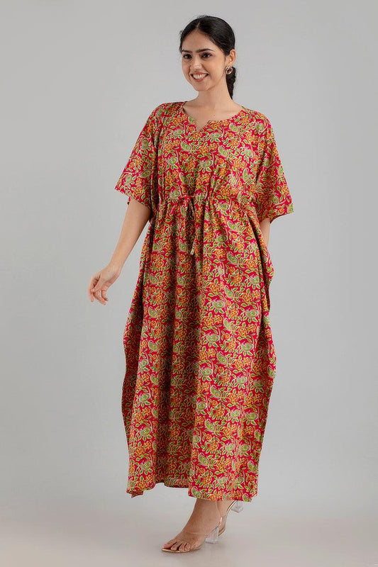 Red Floral Print Pure Cotton Kaftan Maxi Ethnic Dress - SHKUP1243 - Frionkandy