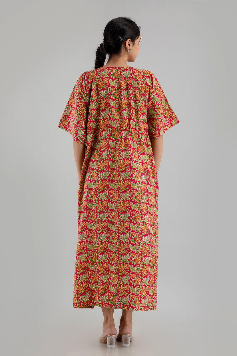 Red Floral Print Pure Cotton Kaftan Maxi Ethnic Dress - SHKUP1243 - Frionkandy