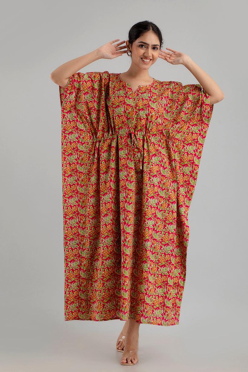 Red Floral Print Pure Cotton Kaftan Maxi Ethnic Dress - SHKUP1243 - Frionkandy