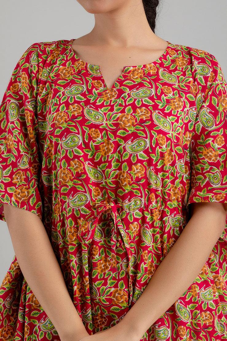 Red Floral Print Pure Cotton Kaftan Maxi Ethnic Dress - SHKUP1243 - Frionkandy