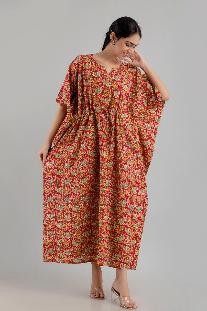 Red Floral Print Pure Cotton Kaftan Maxi Ethnic Dress - SHKUP1243 - Frionkandy