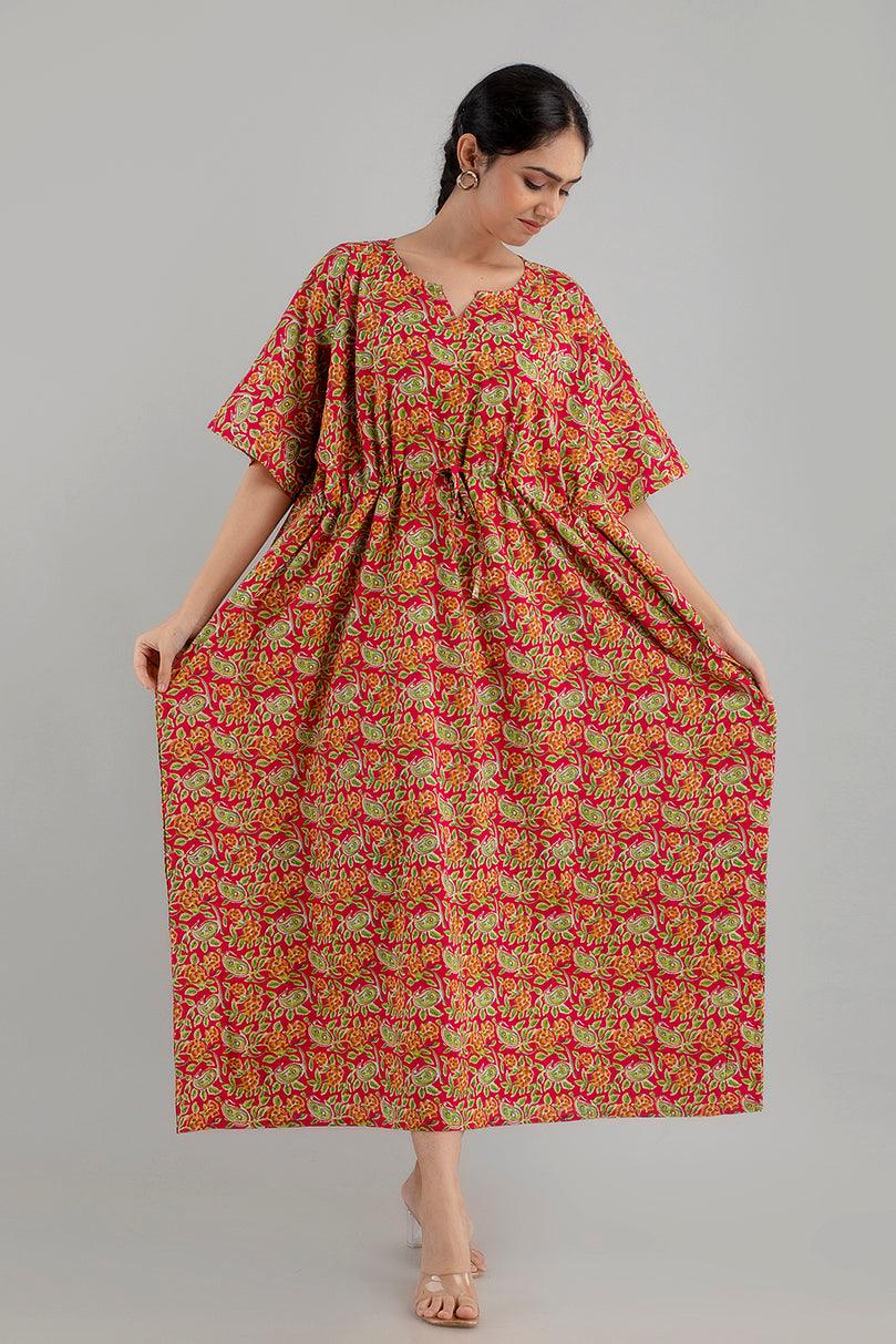 Red Floral Print Pure Cotton Kaftan Maxi Ethnic Dress - SHKUP1243 - Frionkandy