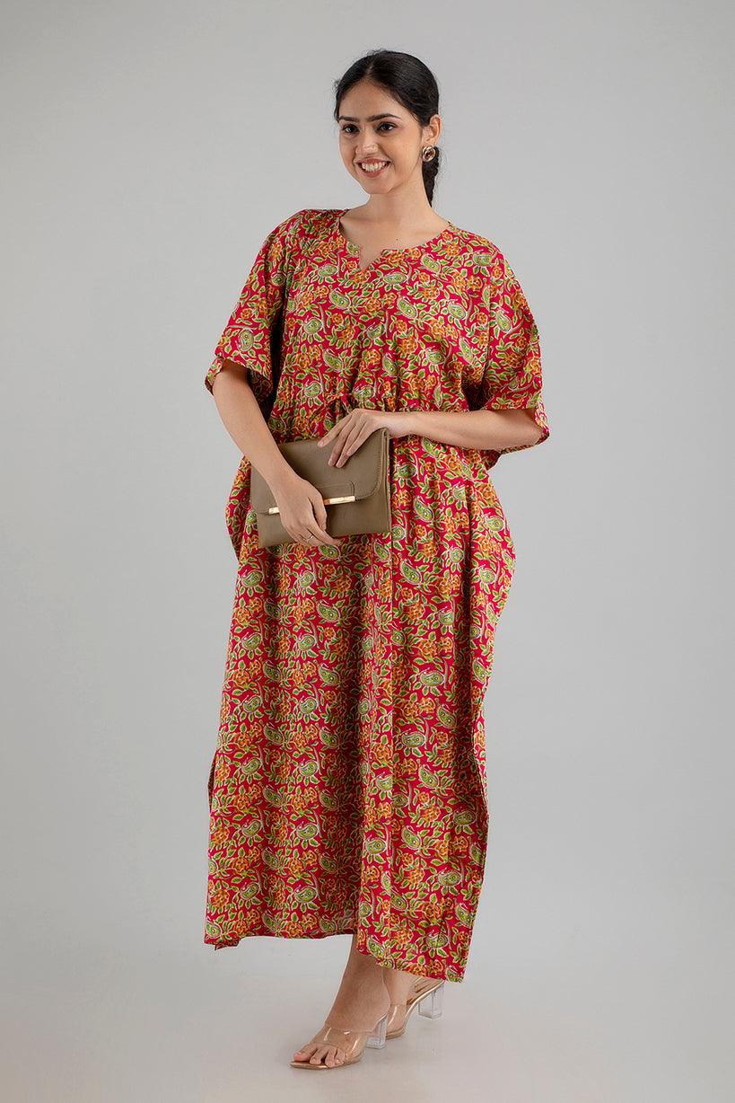 Red Floral Print Pure Cotton Kaftan Maxi Ethnic Dress - SHKUP1243 - Frionkandy