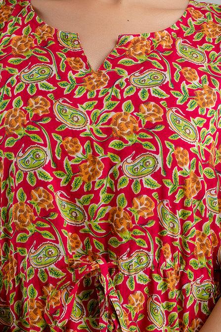 Red Floral Print Pure Cotton Kaftan Maxi Ethnic Dress - SHKUP1243 - Frionkandy