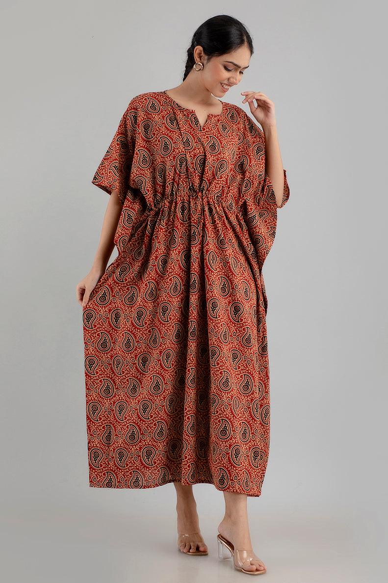 Maroon Floral Print Pure Cotton Kaftan Maxi Ethnic Dress - SHKUP1244 - Frionkandy