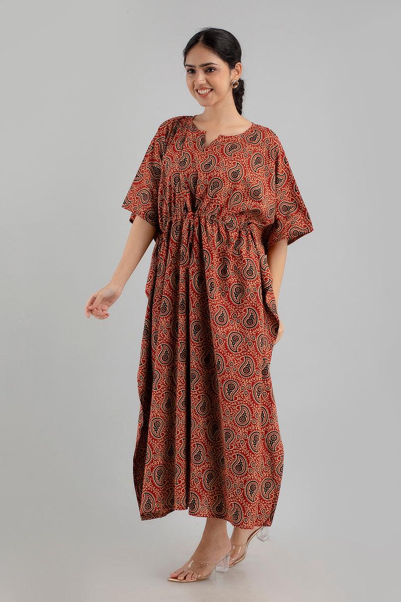 Maroon Floral Print Pure Cotton Kaftan Maxi Ethnic Dress - SHKUP1244 - Frionkandy