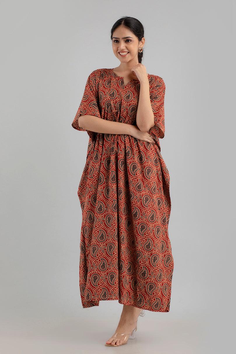 Maroon Floral Print Pure Cotton Kaftan Maxi Ethnic Dress - SHKUP1244 - Frionkandy