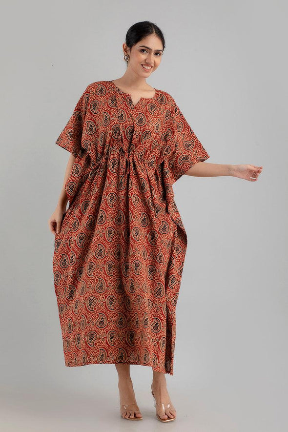 Maroon Floral Print Pure Cotton Kaftan Maxi Ethnic Dress - SHKUP1244 - Frionkandy