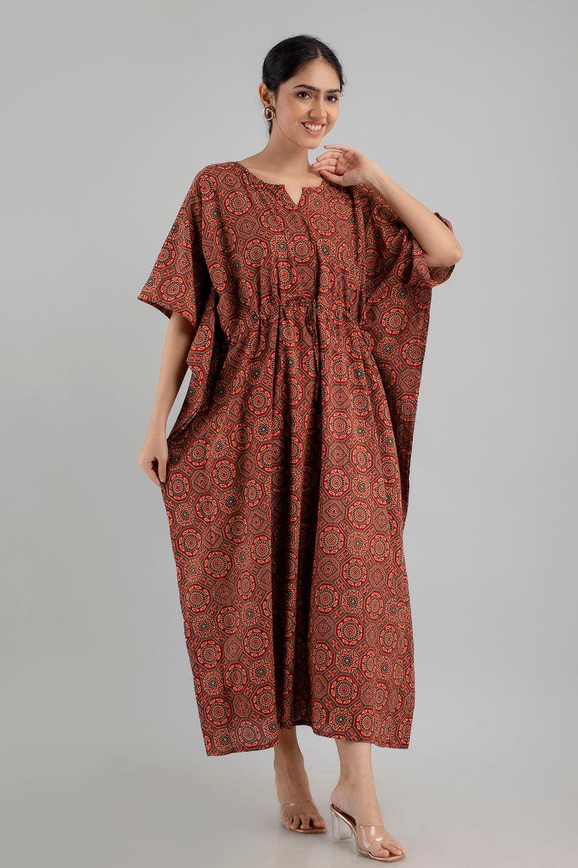 Maroon Floral Print Pure Cotton Kaftan Maxi Ethnic Dress - SHKUP1245 - Frionkandy