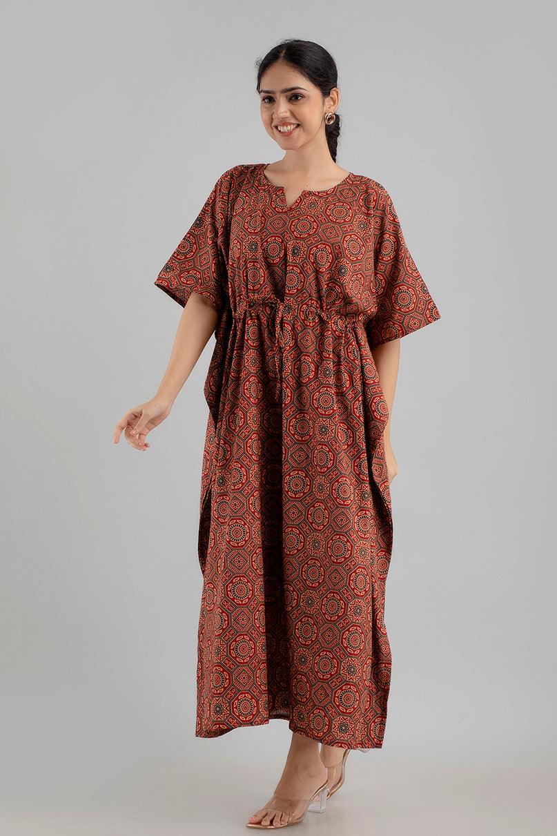 Maroon Floral Print Pure Cotton Kaftan Maxi Ethnic Dress - SHKUP1245 - Frionkandy