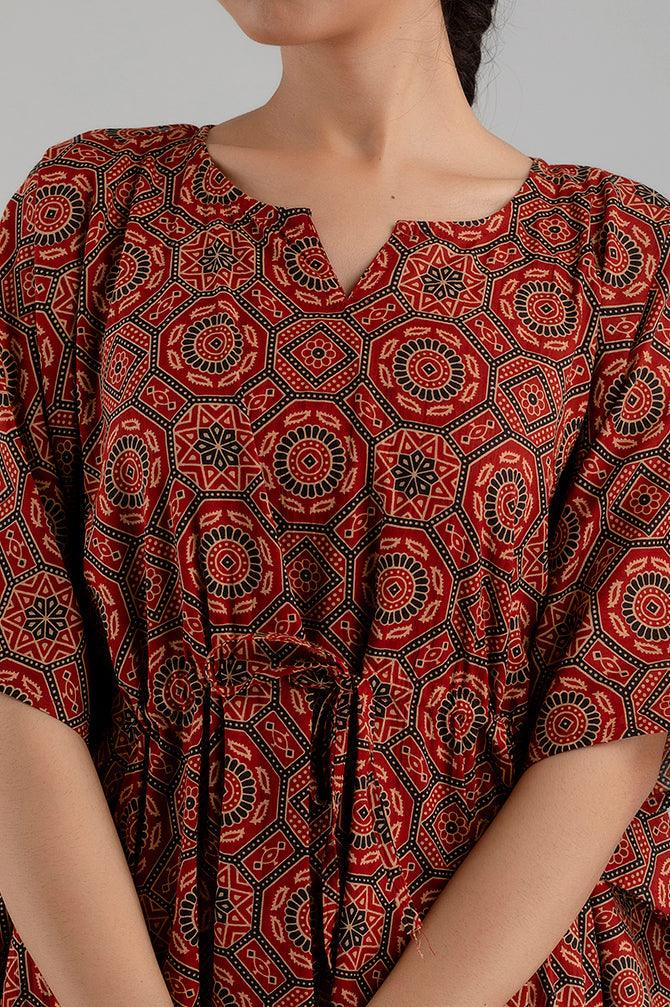 Maroon Floral Print Pure Cotton Kaftan Maxi Ethnic Dress - SHKUP1245 - Frionkandy