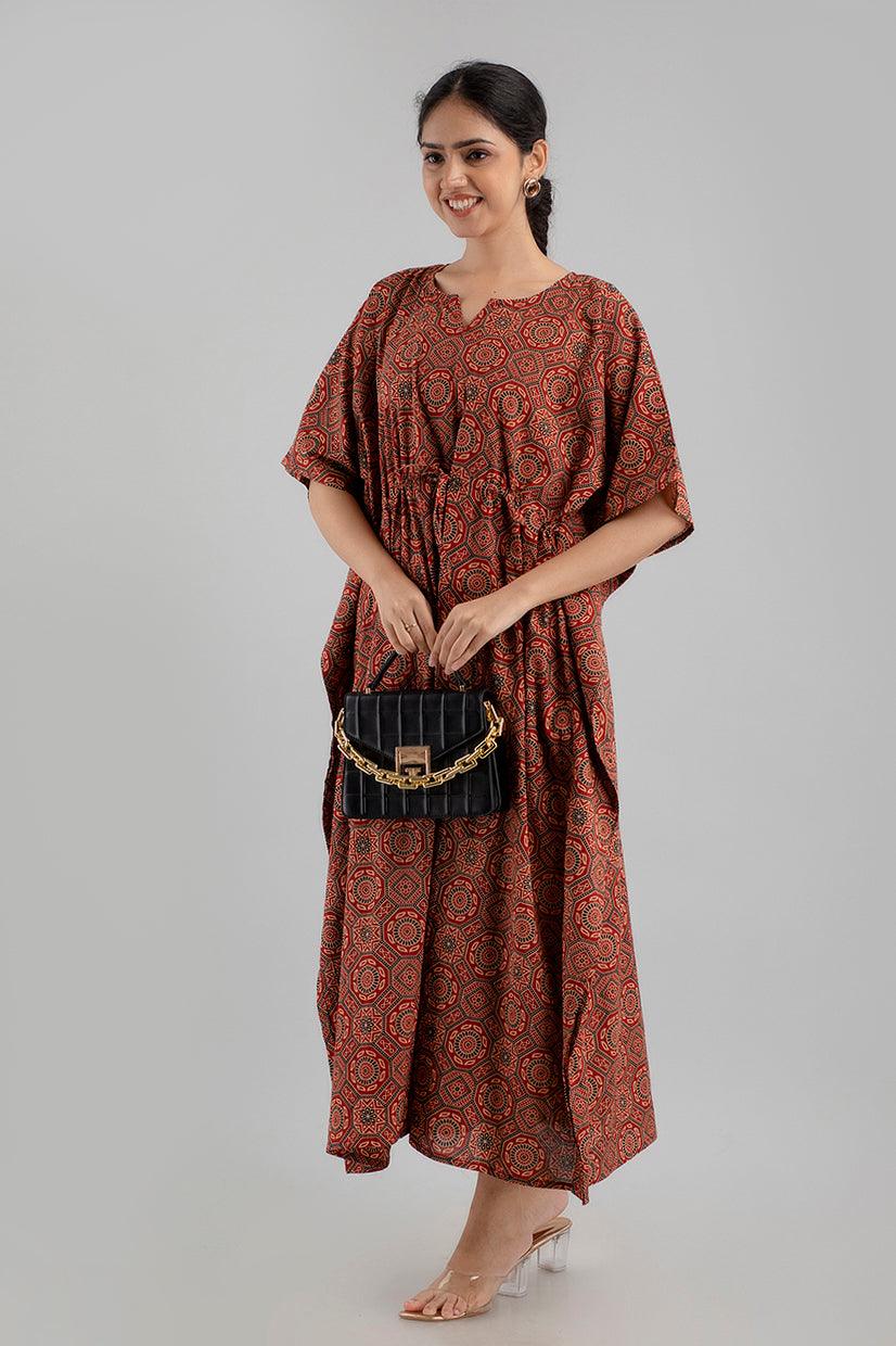 Maroon Floral Print Pure Cotton Kaftan Maxi Ethnic Dress - SHKUP1245 - Frionkandy