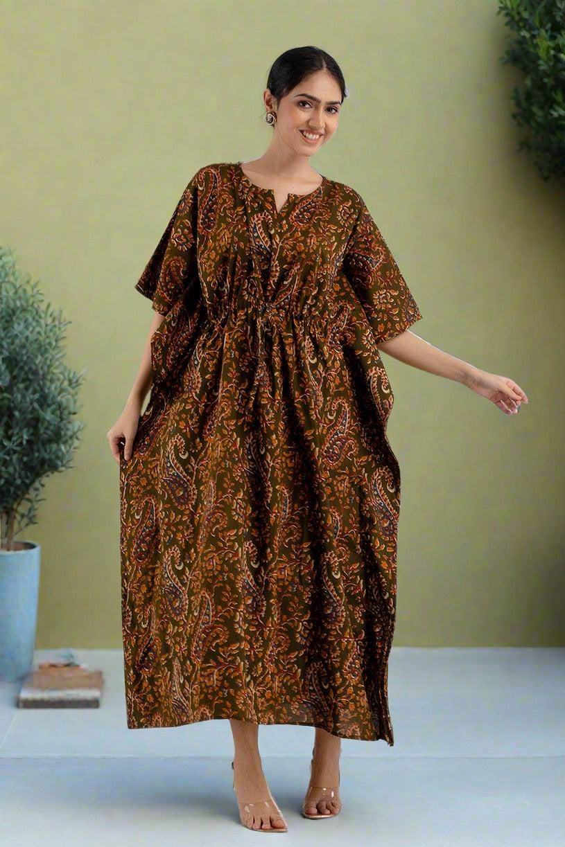 Dark Green Floral Print Pure Cotton Kaftan Maxi Ethnic Dress - SHKUP1246 - Frionkandy