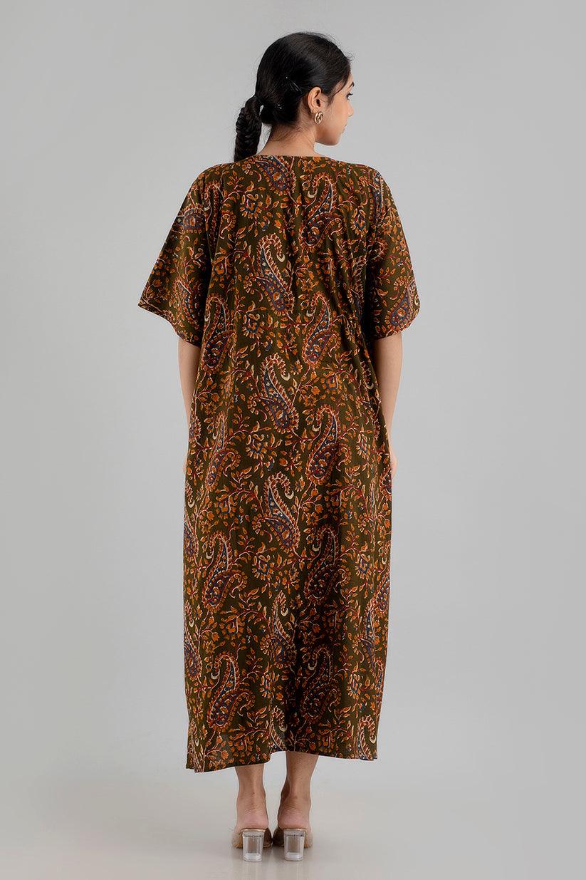 Dark Green Floral Print Pure Cotton Kaftan Maxi Ethnic Dress - SHKUP1246 - Frionkandy