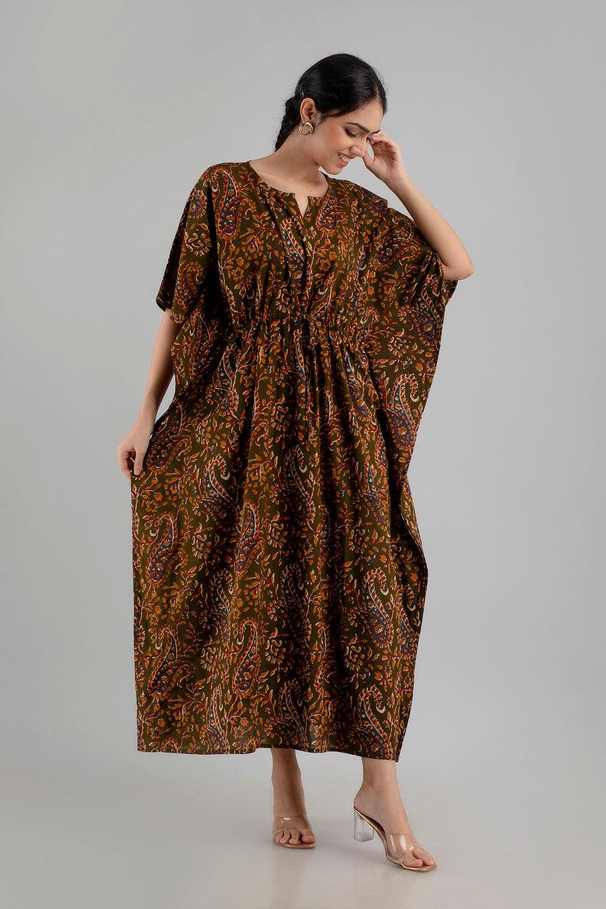 Dark Green Floral Print Pure Cotton Kaftan Maxi Ethnic Dress - SHKUP1246 - Frionkandy