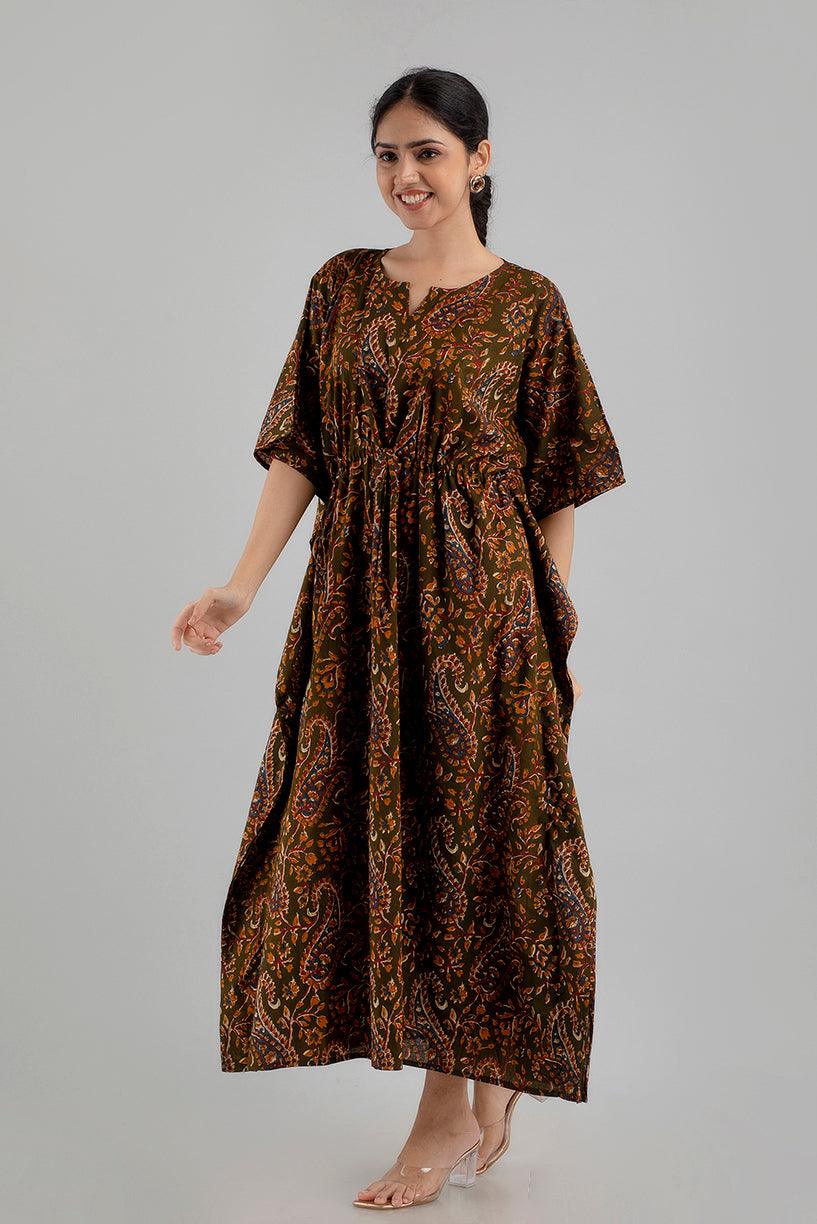 Dark Green Floral Print Pure Cotton Kaftan Maxi Ethnic Dress - SHKUP1246 - Frionkandy