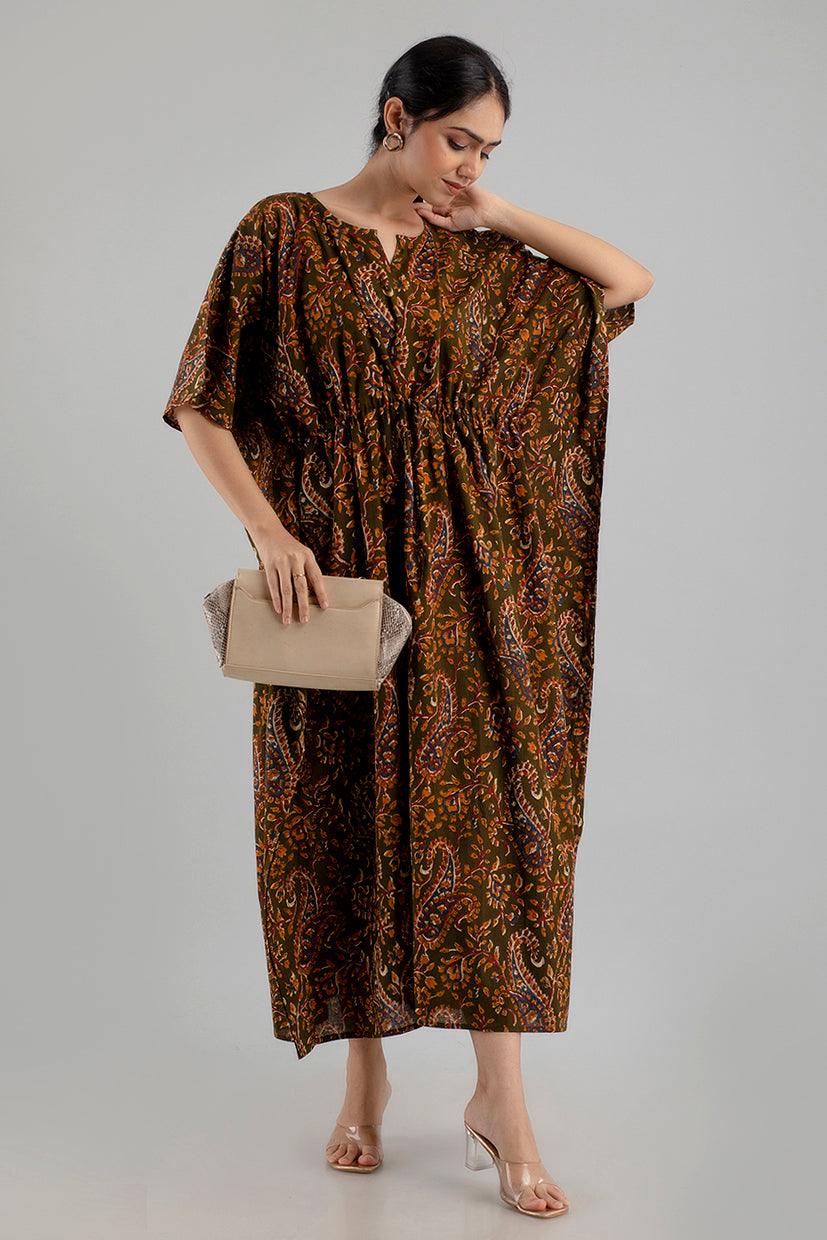 Dark Green Floral Print Pure Cotton Kaftan Maxi Ethnic Dress - SHKUP1246 - Frionkandy