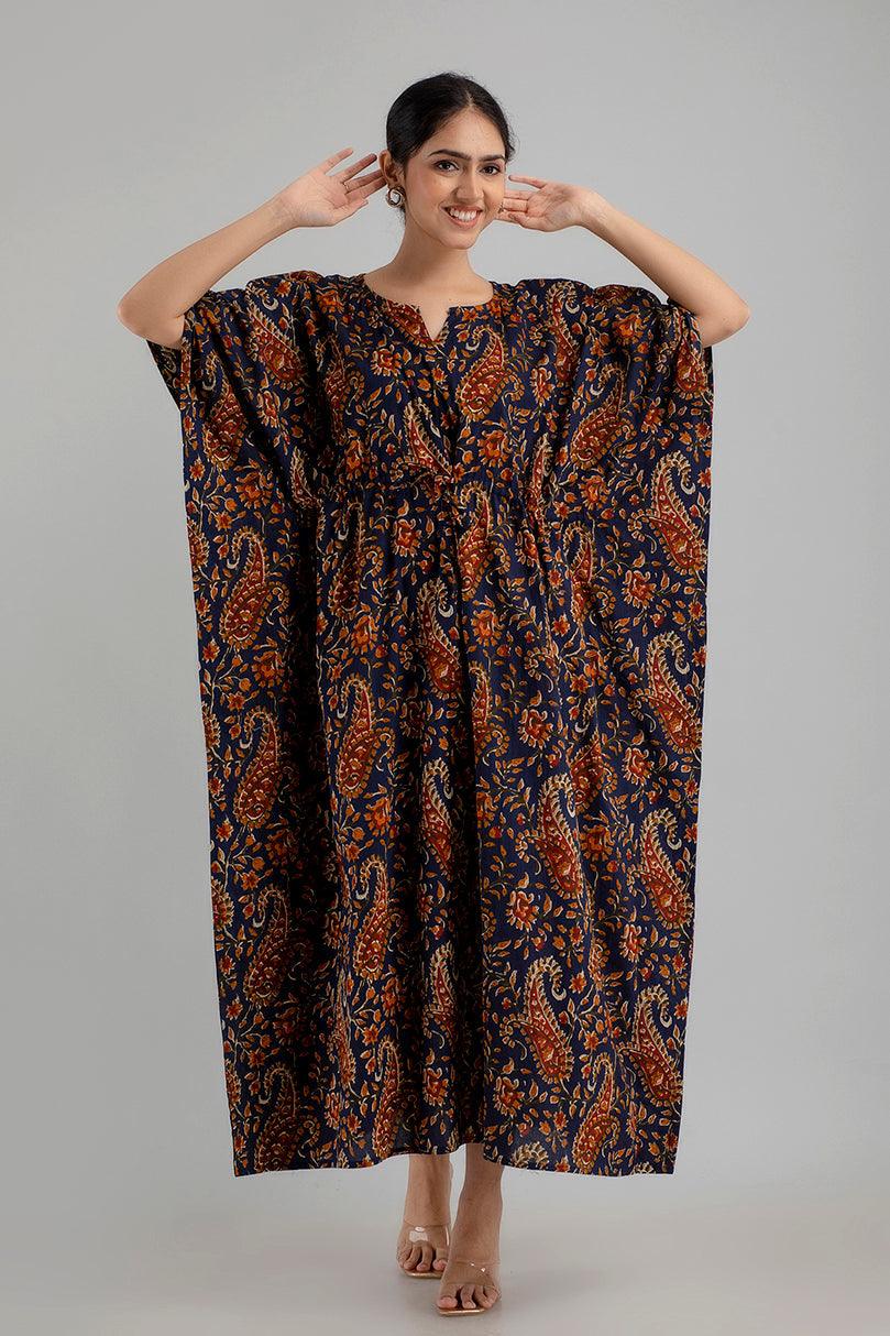 Dark Blue Floral Print Pure Cotton Kaftan Maxi Ethnic Dress - SHKUP1248 - Frionkandy