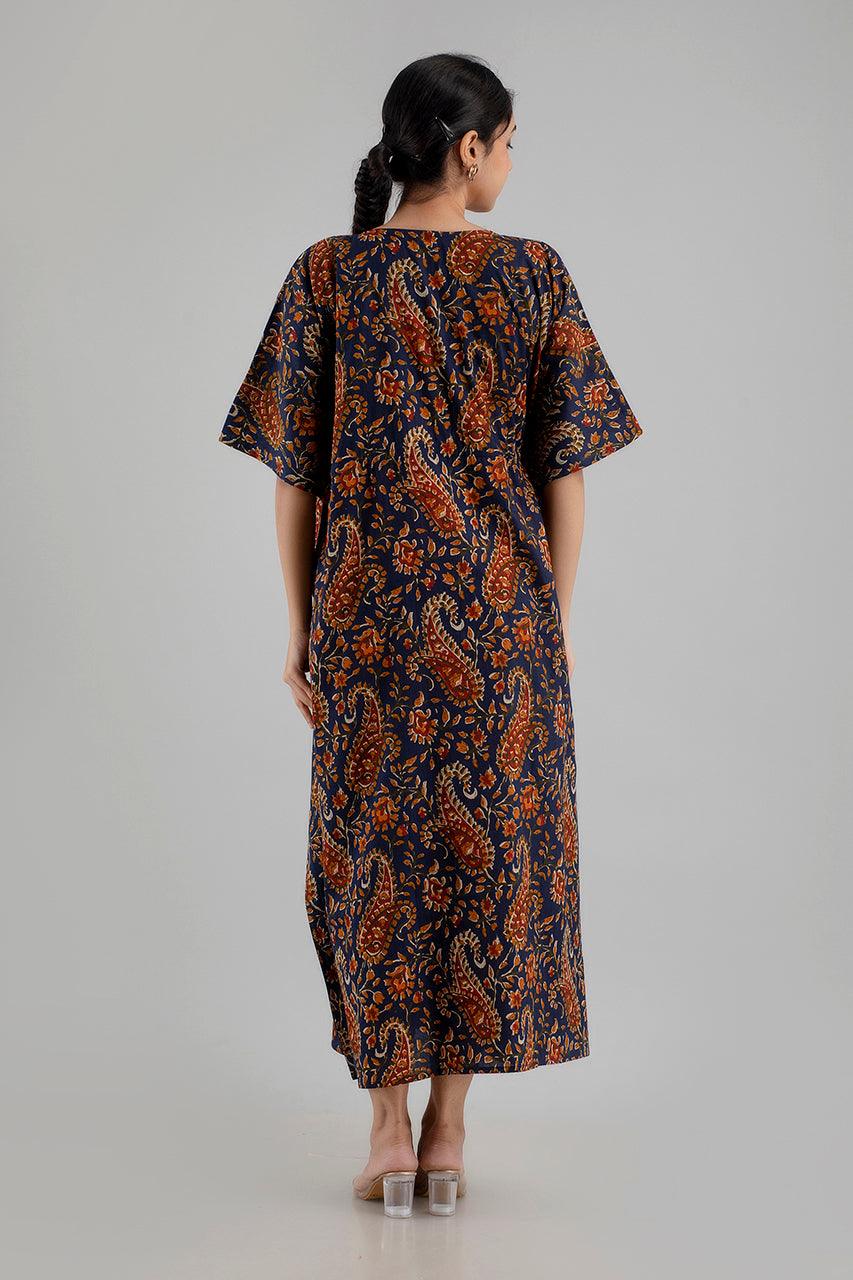 Dark Blue Floral Print Pure Cotton Kaftan Maxi Ethnic Dress - SHKUP1248 - Frionkandy