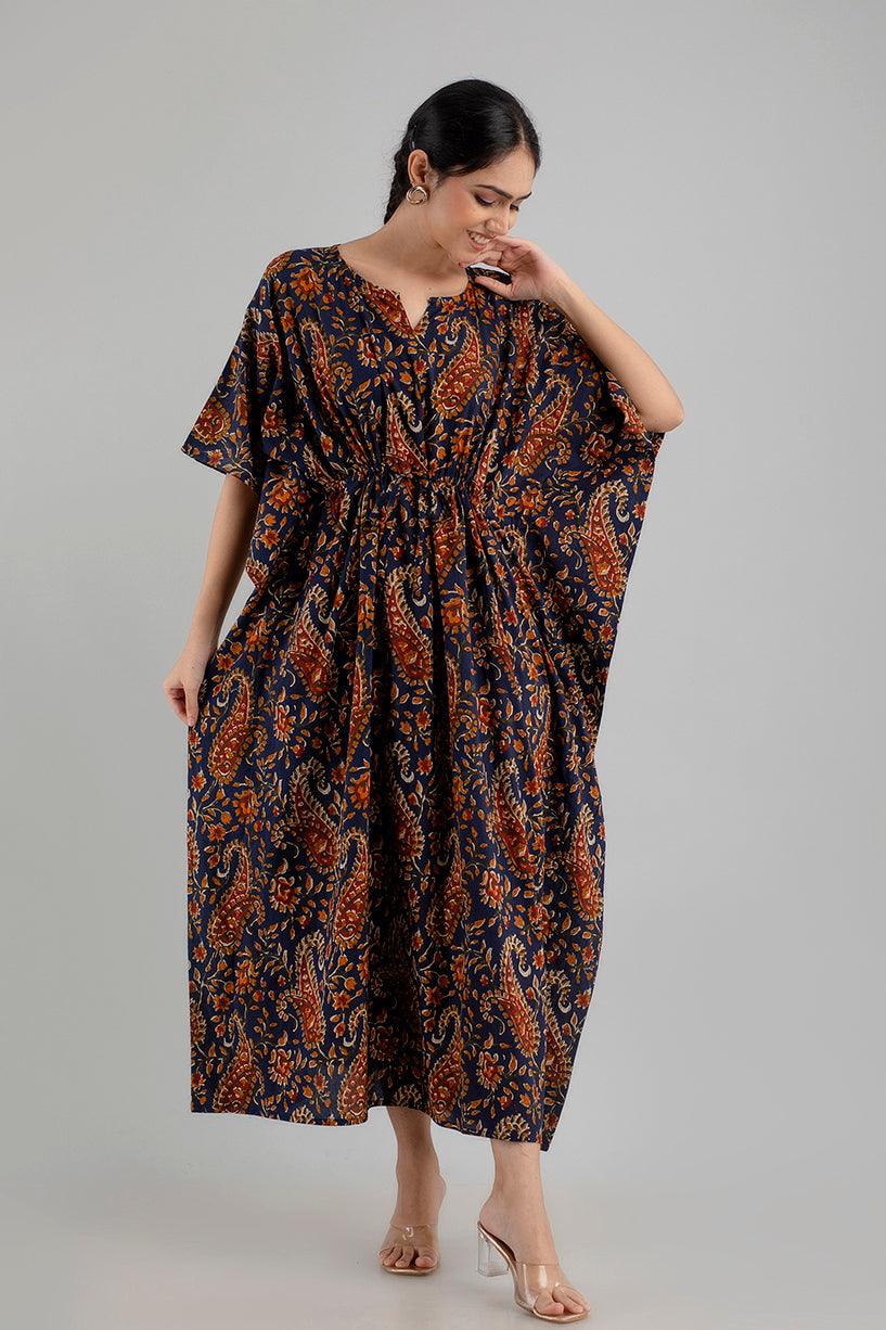 Dark Blue Floral Print Pure Cotton Kaftan Maxi Ethnic Dress - SHKUP1248 - Frionkandy