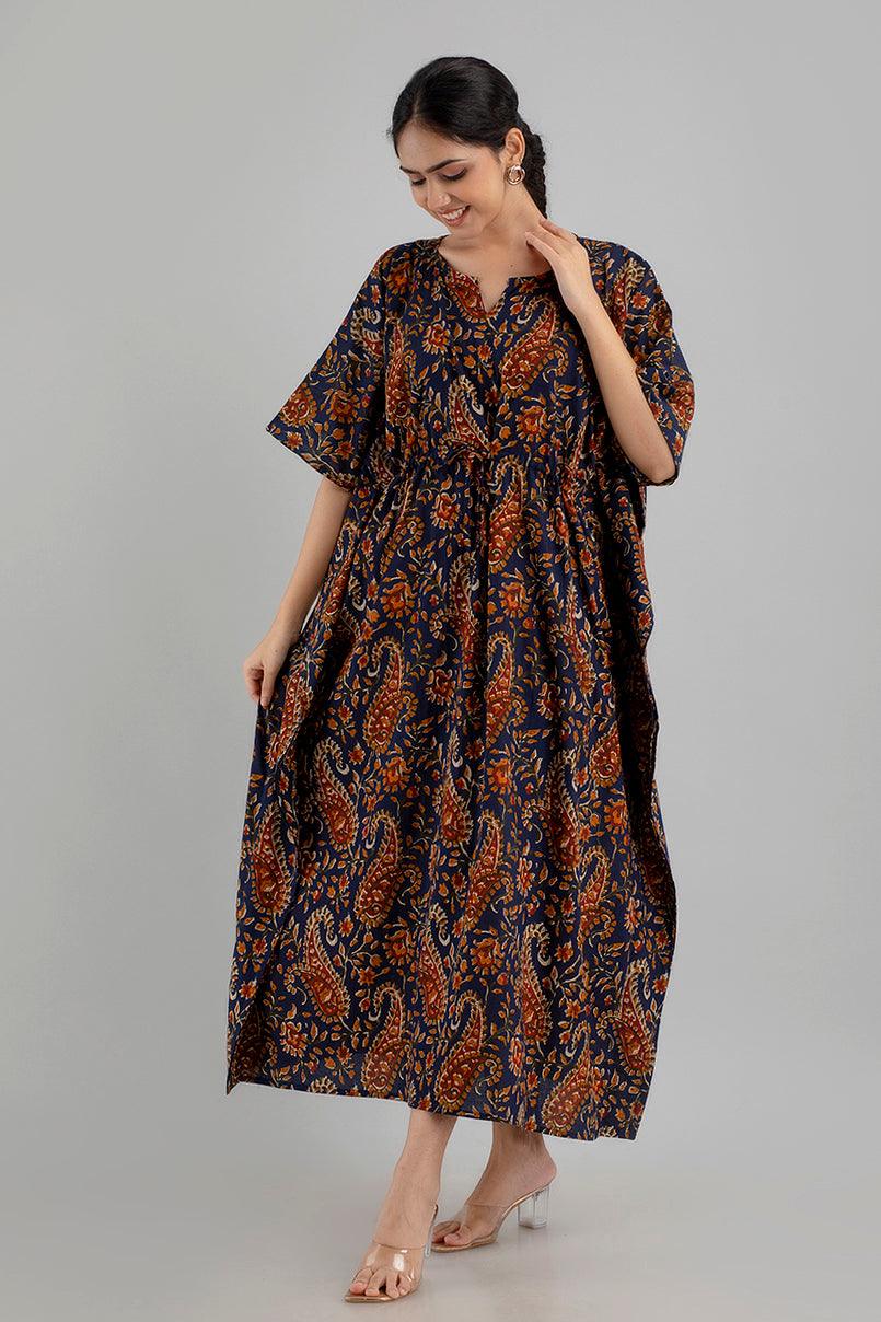 Dark Blue Floral Print Pure Cotton Kaftan Maxi Ethnic Dress - SHKUP1248 - Frionkandy