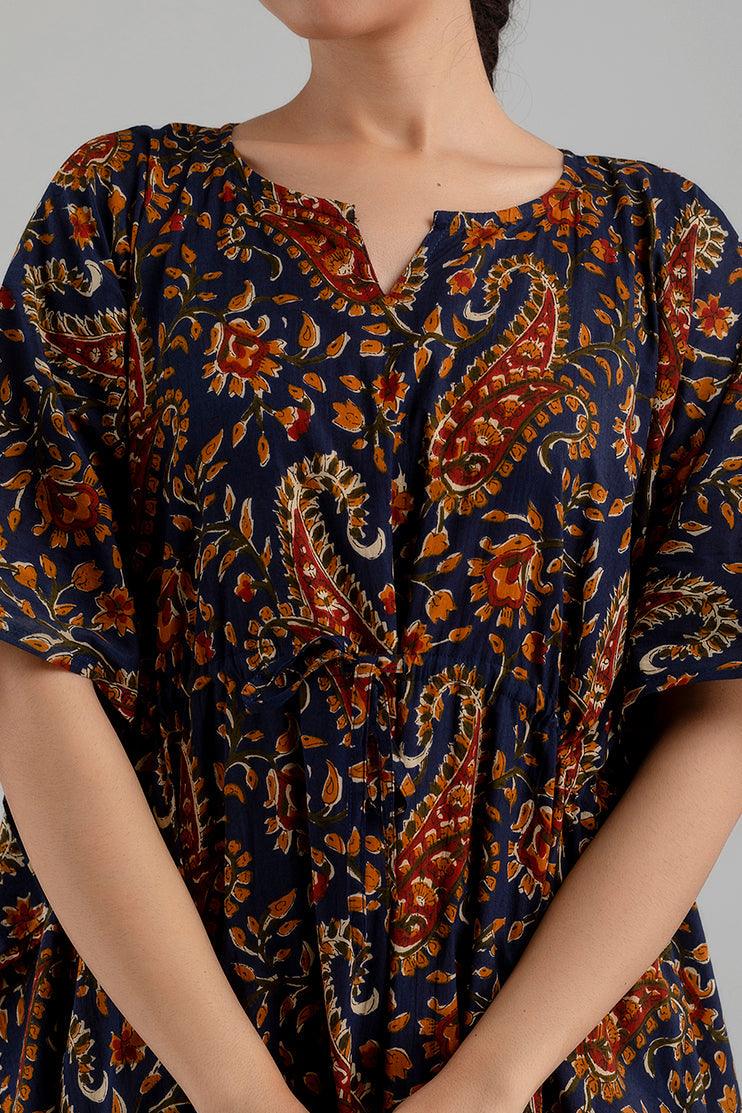 Dark Blue Floral Print Pure Cotton Kaftan Maxi Ethnic Dress - SHKUP1248 - Frionkandy