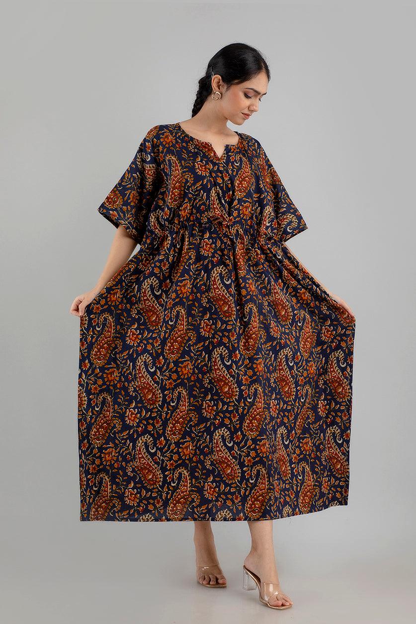 Dark Blue Floral Print Pure Cotton Kaftan Maxi Ethnic Dress - SHKUP1248 - Frionkandy