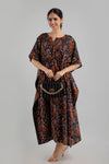 Dark Blue Floral Print Pure Cotton Kaftan Maxi Ethnic Dress - SHKUP1248 - Frionkandy