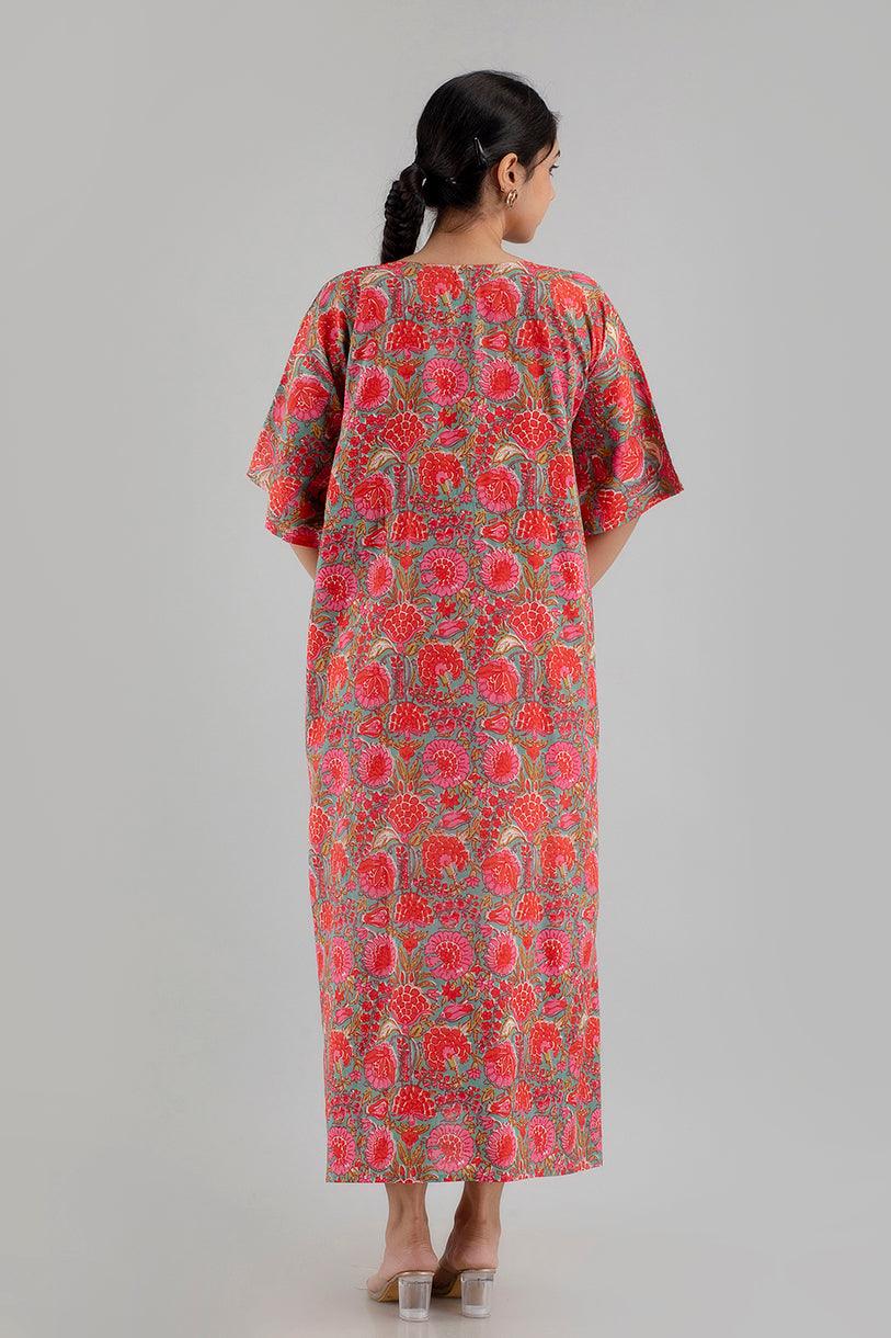 Pink Floral Print Pure Cotton Kaftan Maxi Ethnic Dress - SHKUP1249 - Frionkandy