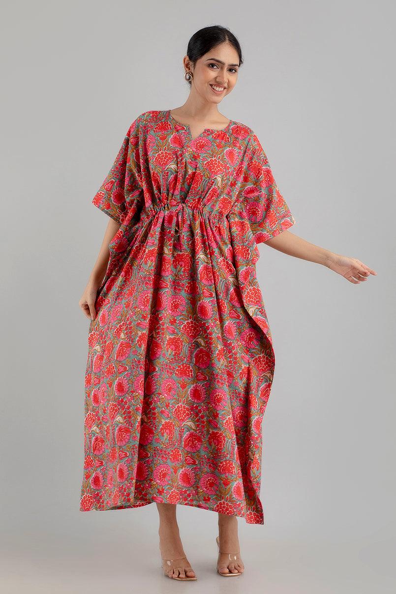 Pink Floral Print Pure Cotton Kaftan Maxi Ethnic Dress - SHKUP1249 - Frionkandy