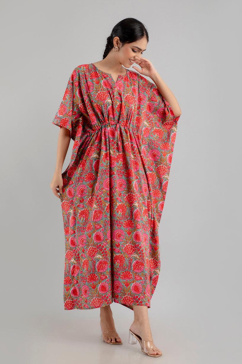 Pink Floral Print Pure Cotton Kaftan Maxi Ethnic Dress - SHKUP1249 - Frionkandy