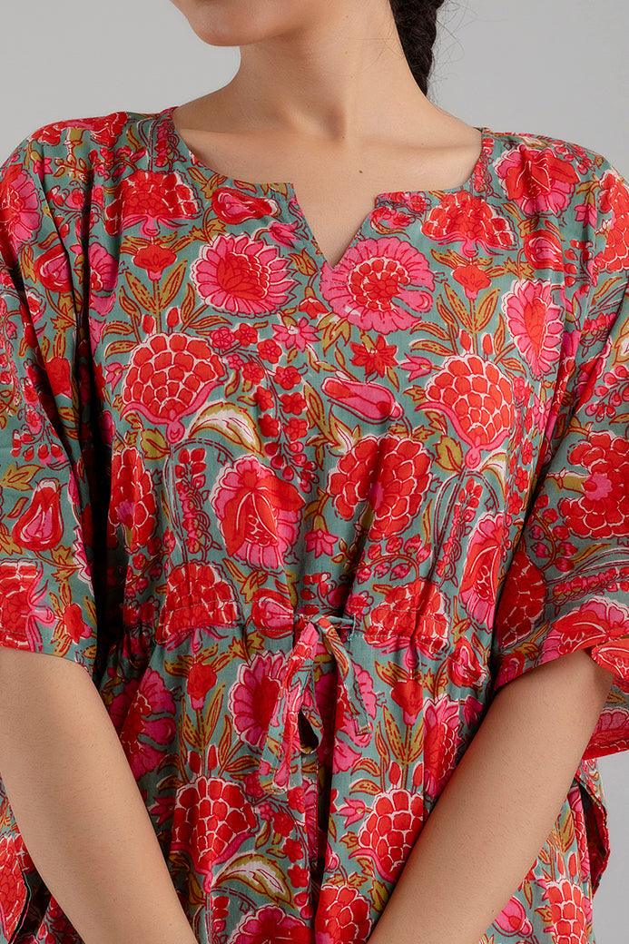 Pink Floral Print Pure Cotton Kaftan Maxi Ethnic Dress - SHKUP1249 - Frionkandy