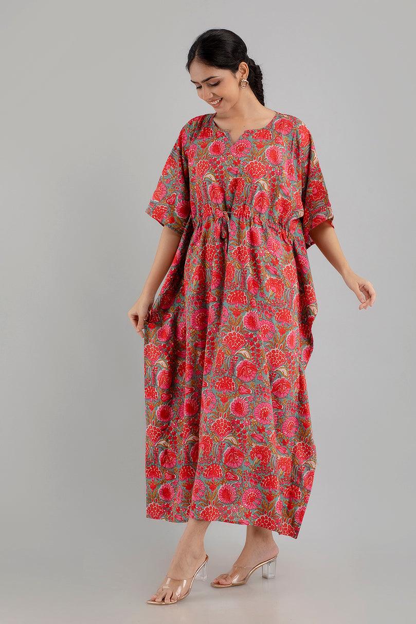 Pink Floral Print Pure Cotton Kaftan Maxi Ethnic Dress - SHKUP1249 - Frionkandy