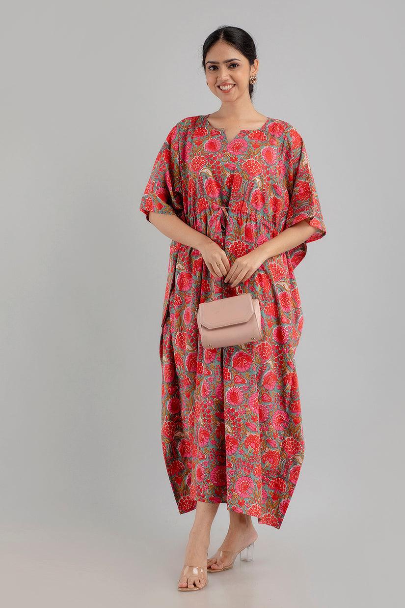 Pink Floral Print Pure Cotton Kaftan Maxi Ethnic Dress - SHKUP1249 - Frionkandy