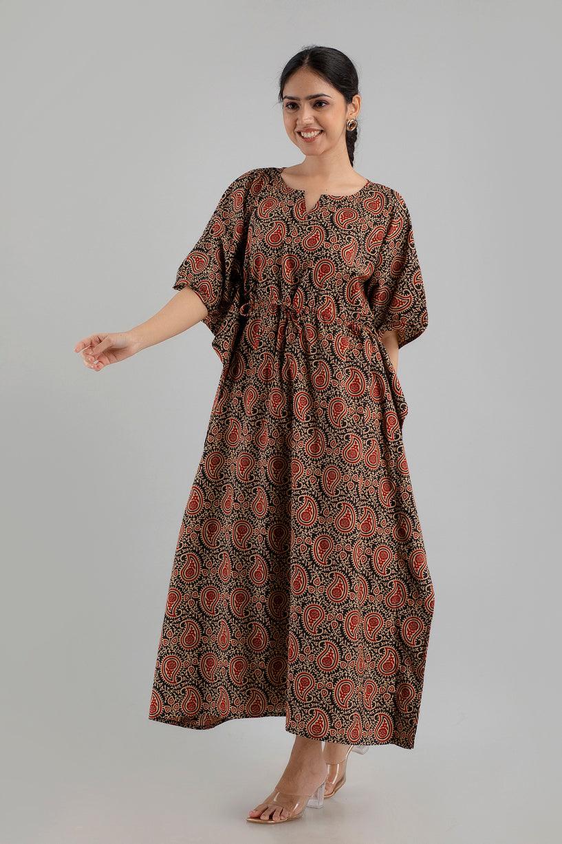 Black Floral Print Pure Cotton Kaftan Maxi Ethnic Dress - SHKUP1250 - Frionkandy