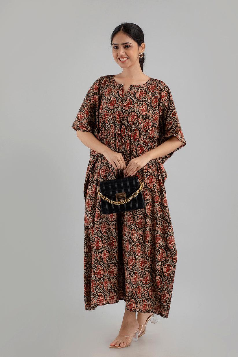 Black Floral Print Pure Cotton Kaftan Maxi Ethnic Dress - SHKUP1250 - Frionkandy