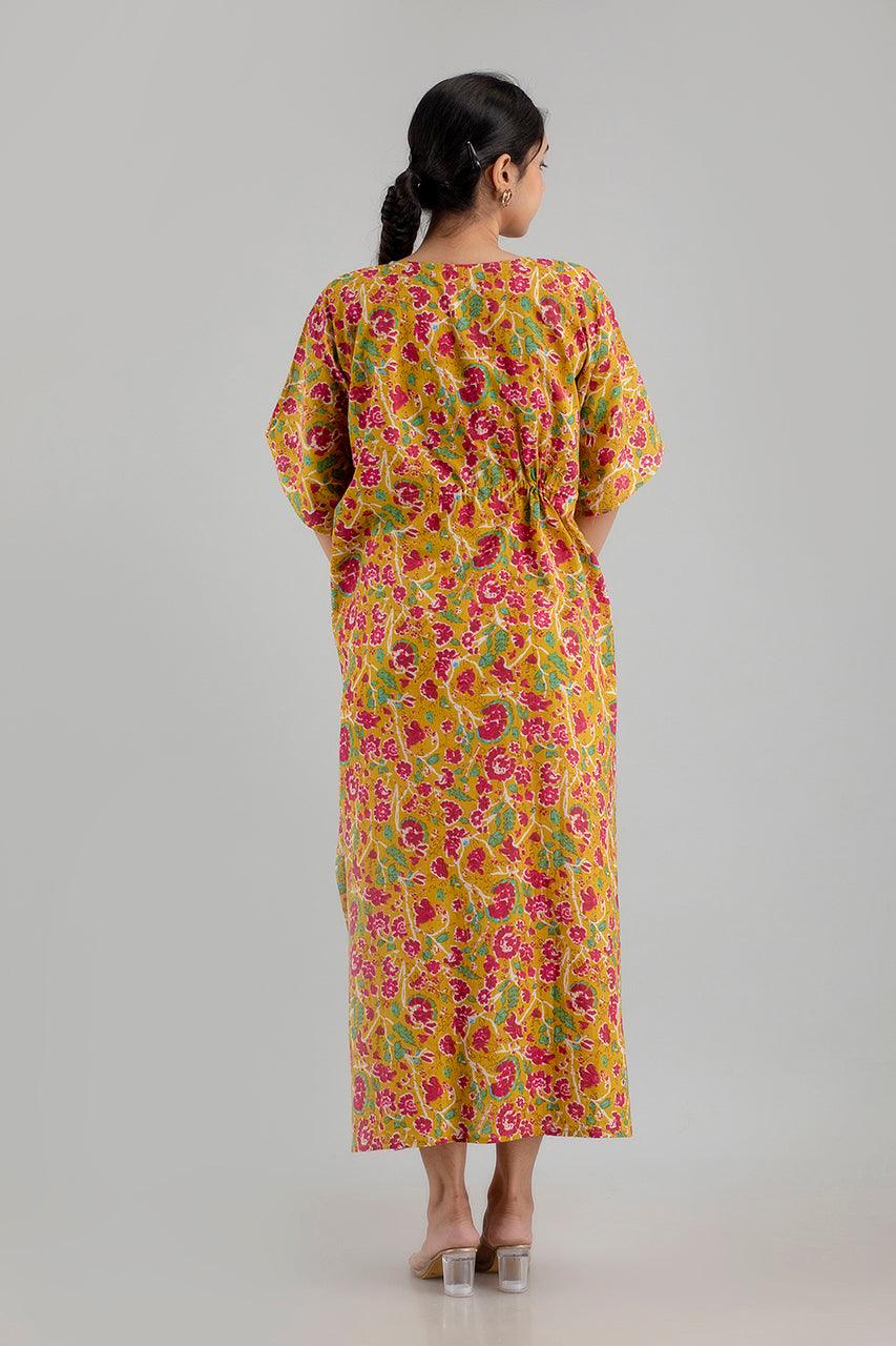 Yellow Floral Print Pure Cotton Kaftan Maxi Ethnic Dress - SHKUP1251 - Frionkandy