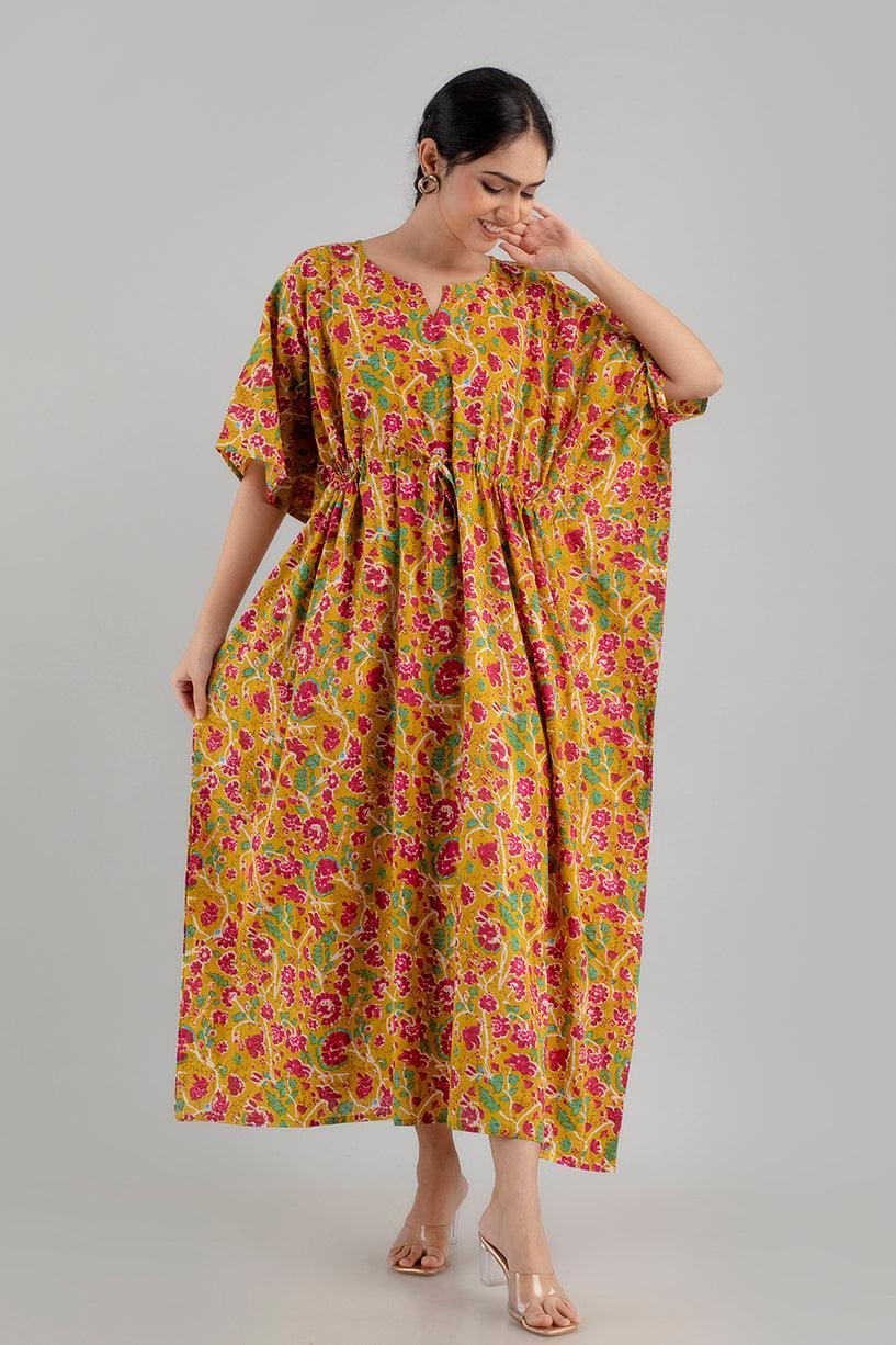 Yellow Floral Print Pure Cotton Kaftan Maxi Ethnic Dress - SHKUP1251 - Frionkandy