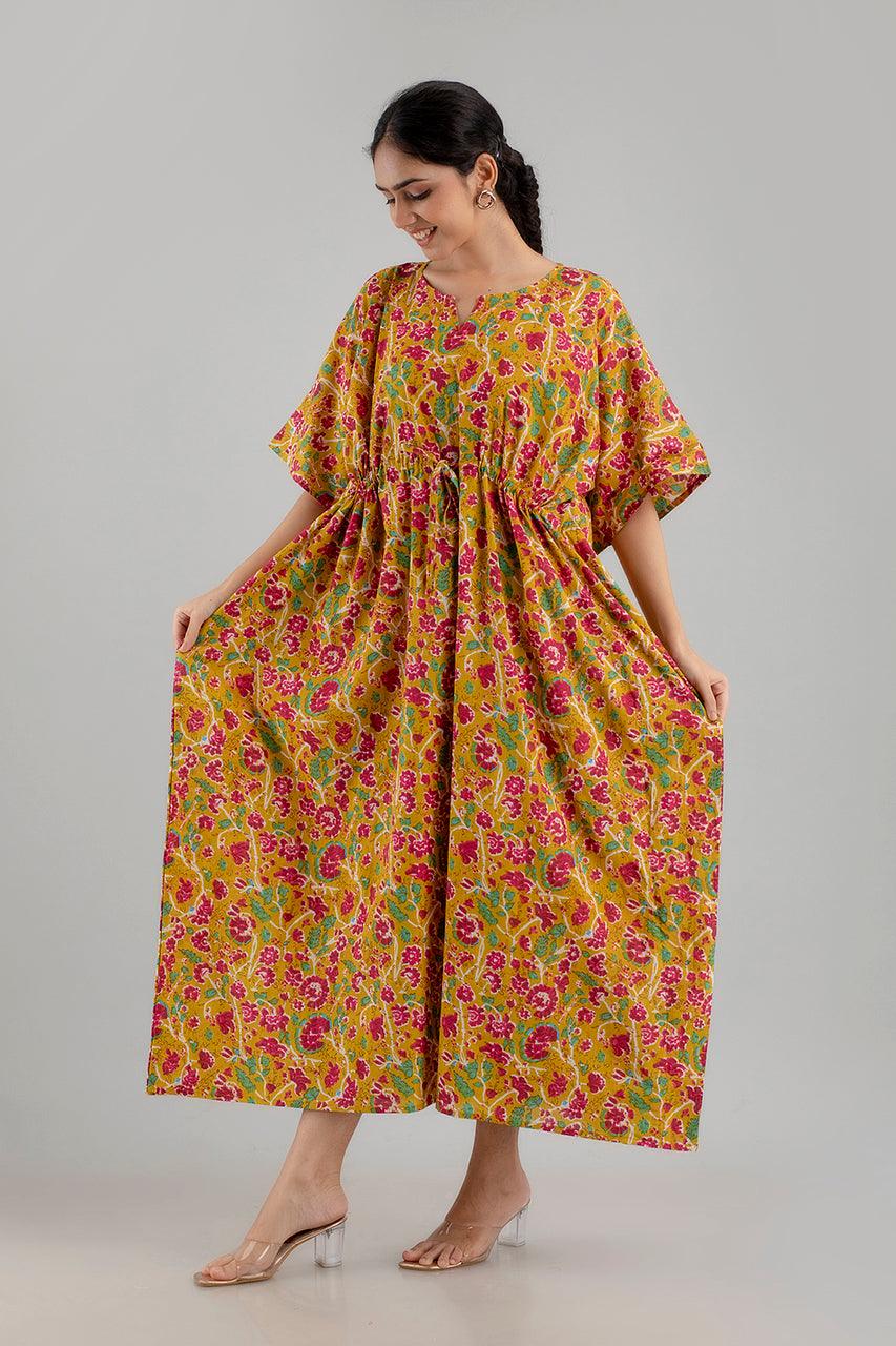 Yellow Floral Print Pure Cotton Kaftan Maxi Ethnic Dress - SHKUP1251 - Frionkandy