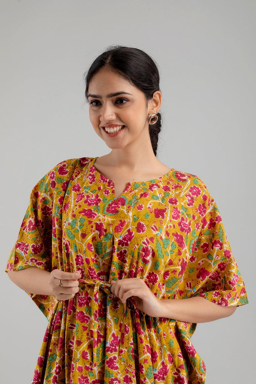 Yellow Floral Print Pure Cotton Kaftan Maxi Ethnic Dress - SHKUP1251 - Frionkandy