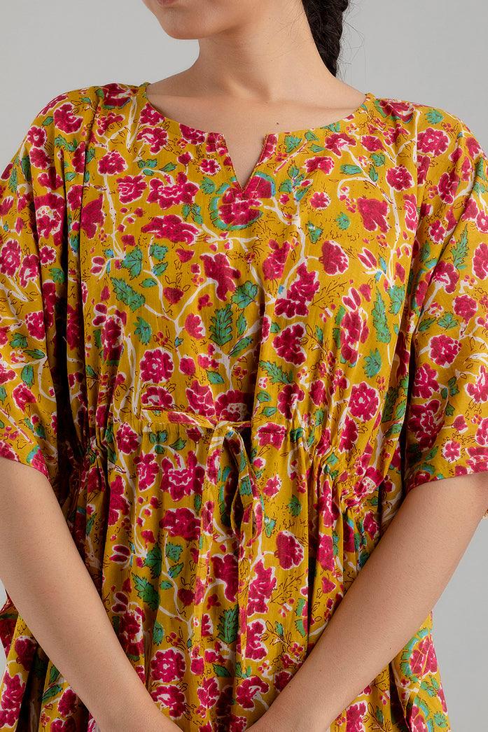 Yellow Floral Print Pure Cotton Kaftan Maxi Ethnic Dress - SHKUP1251 - Frionkandy